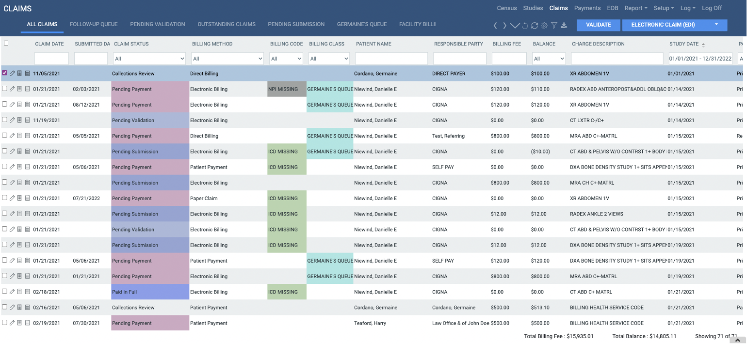 Exa Billing sample screen