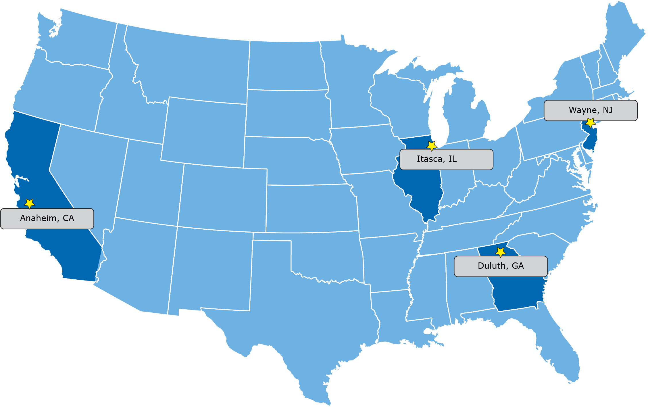 US map showing the four training locations